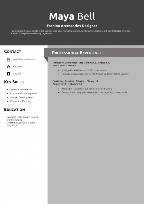 Fashion Production Coordinator Resume