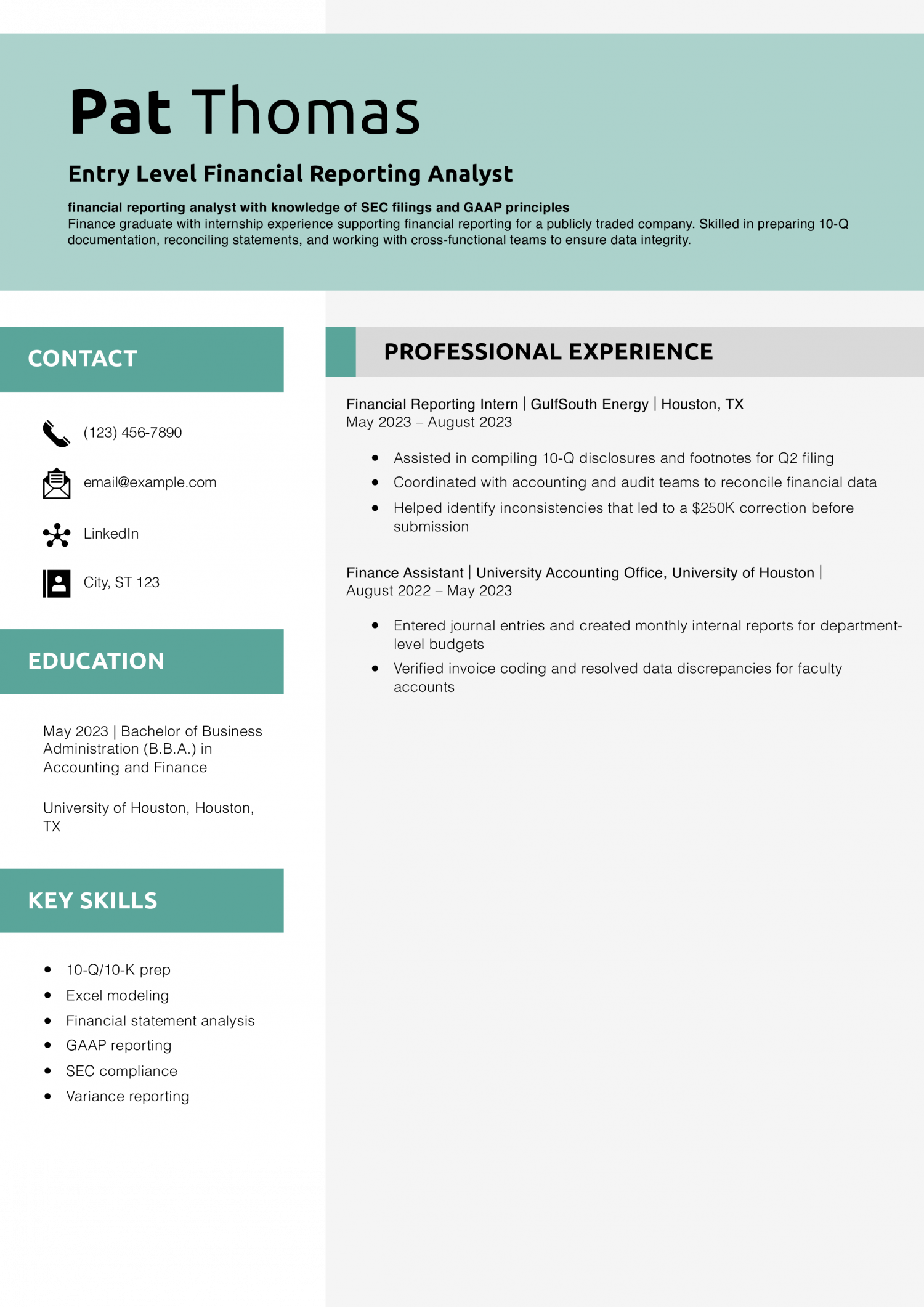 Entry Level Financial Reporting Analyst Resume Example