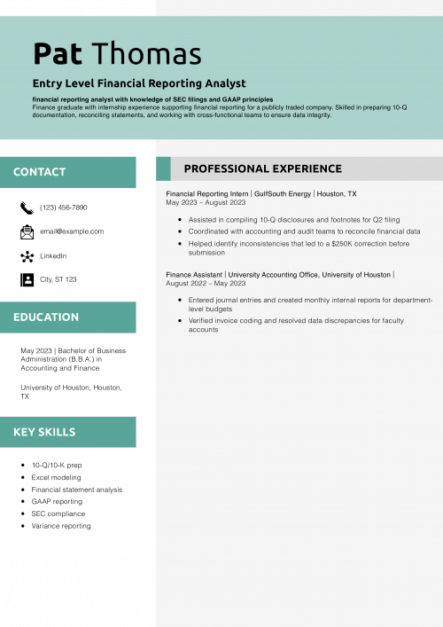 Entry Level Financial Reporting Analyst Resume Example