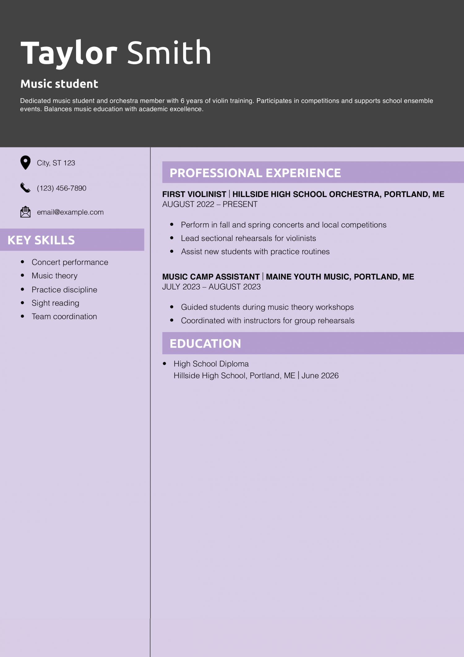 Music student resume example