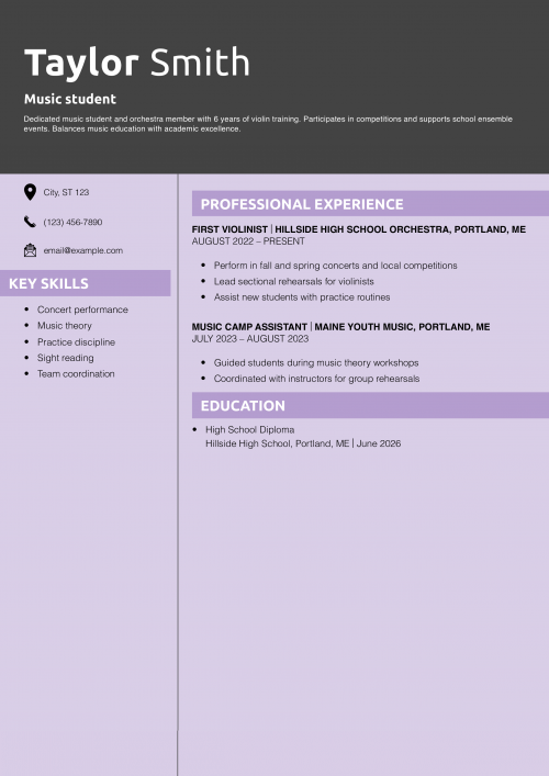 Music student resume example