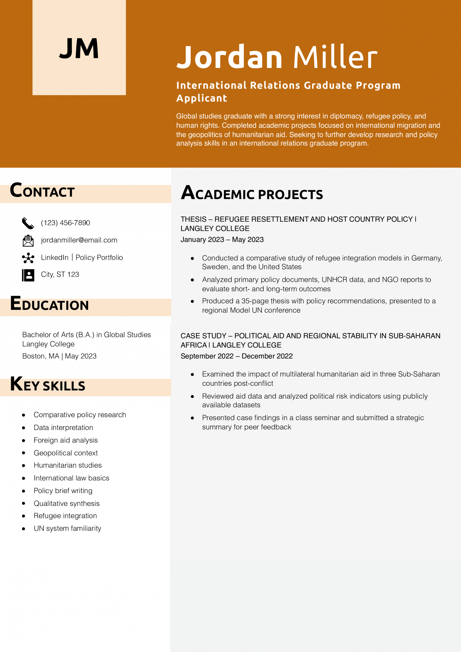 International Relations Graduate Program Applicant Resume Example