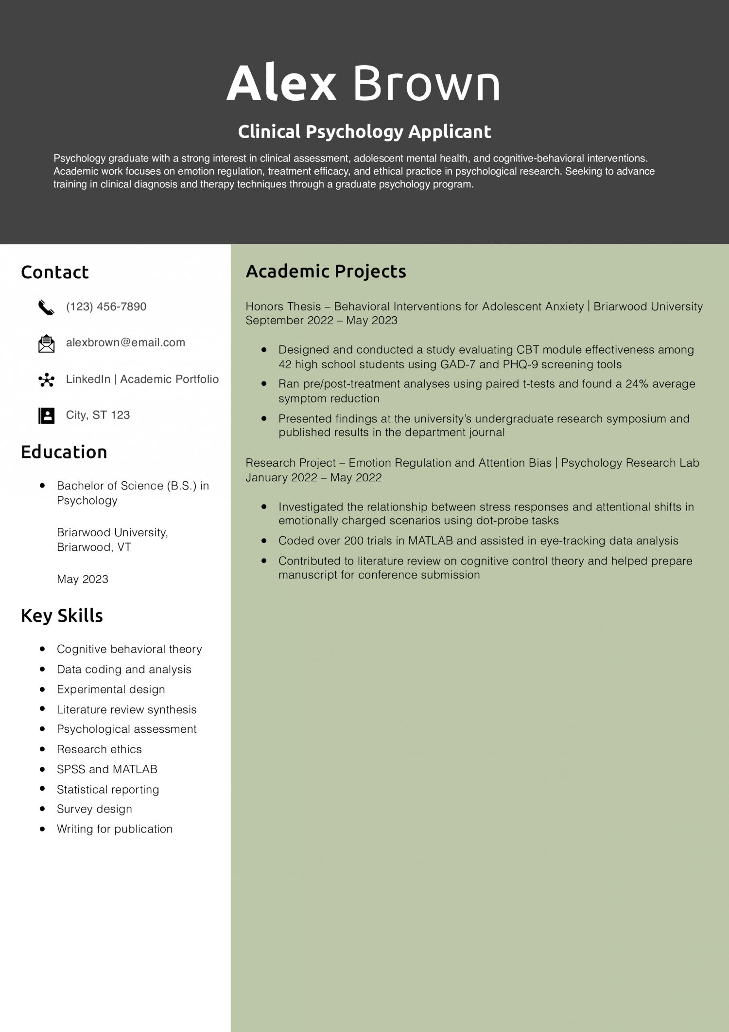 Clinical Psychology Applicant Resume Example