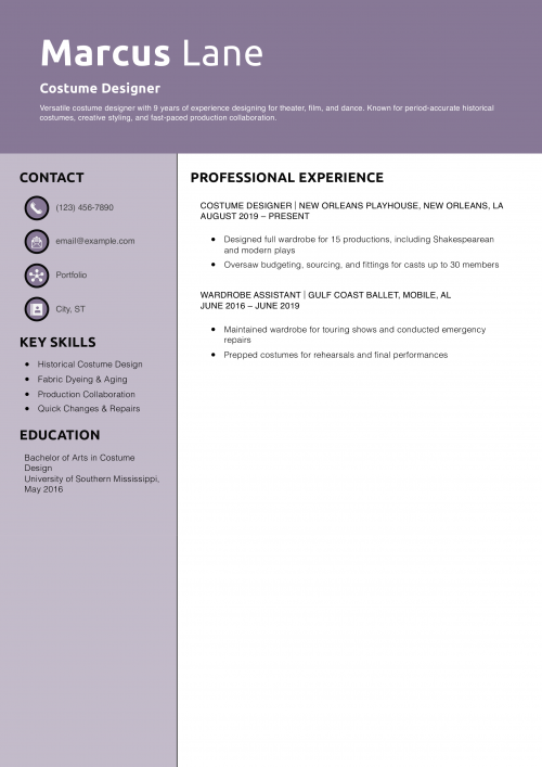 Costume Designer Resume