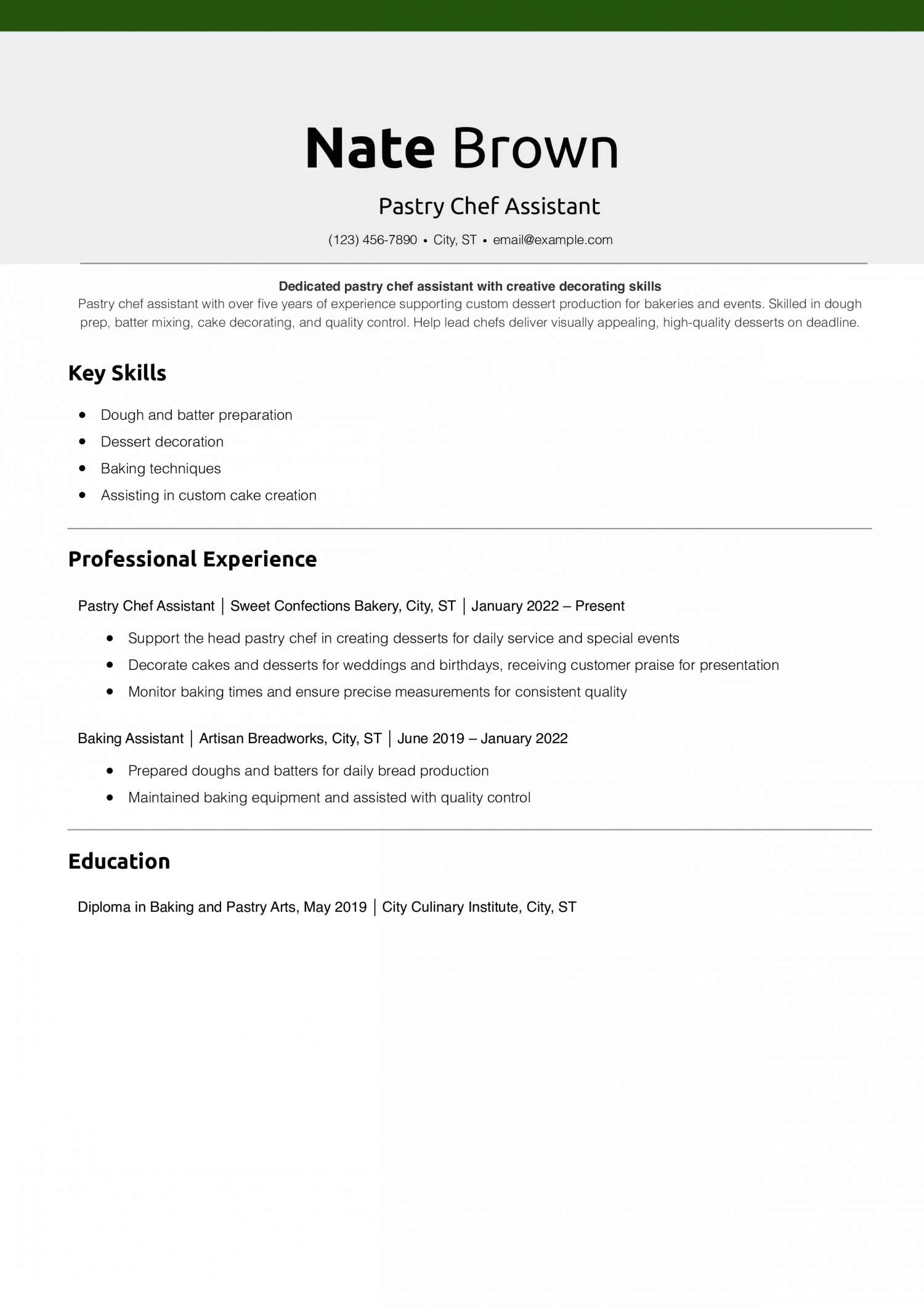 Pastry Chef Assistant Resume