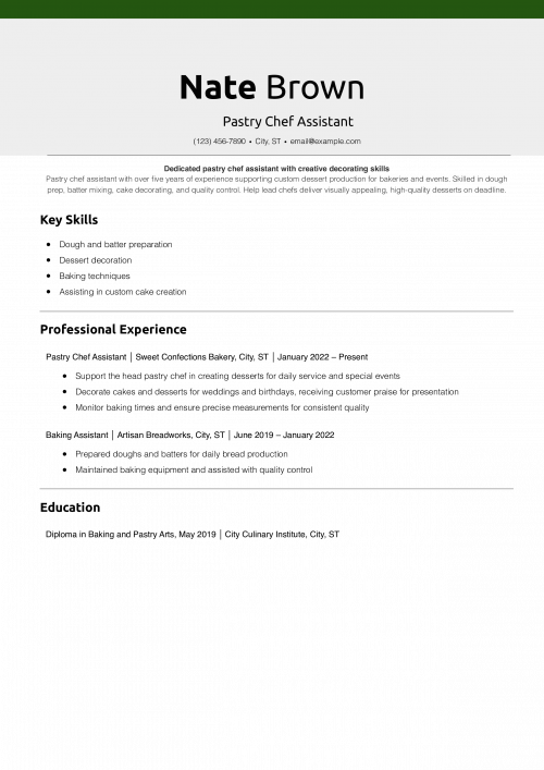 Pastry Chef Assistant Resume
