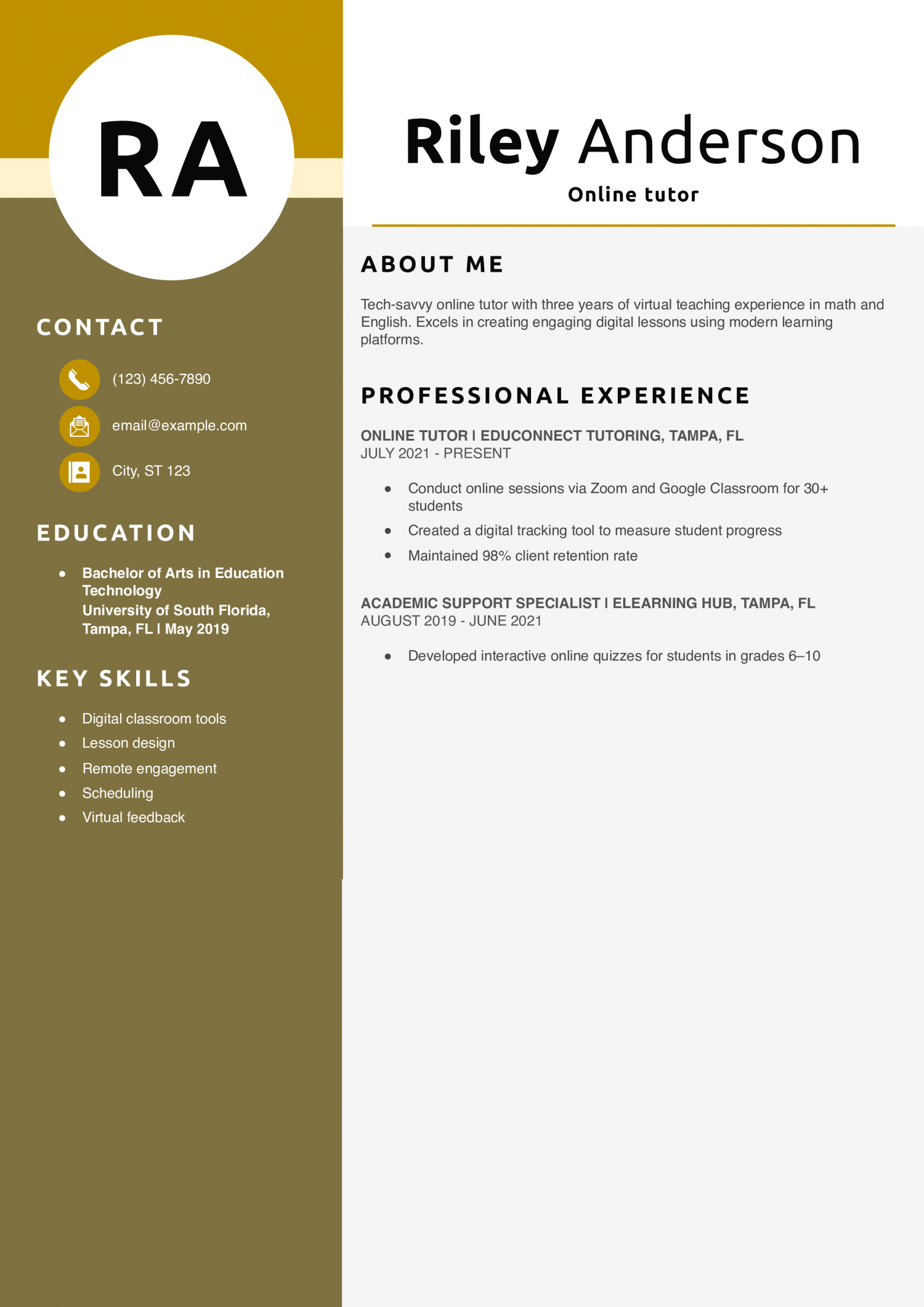 Online tutor resume example