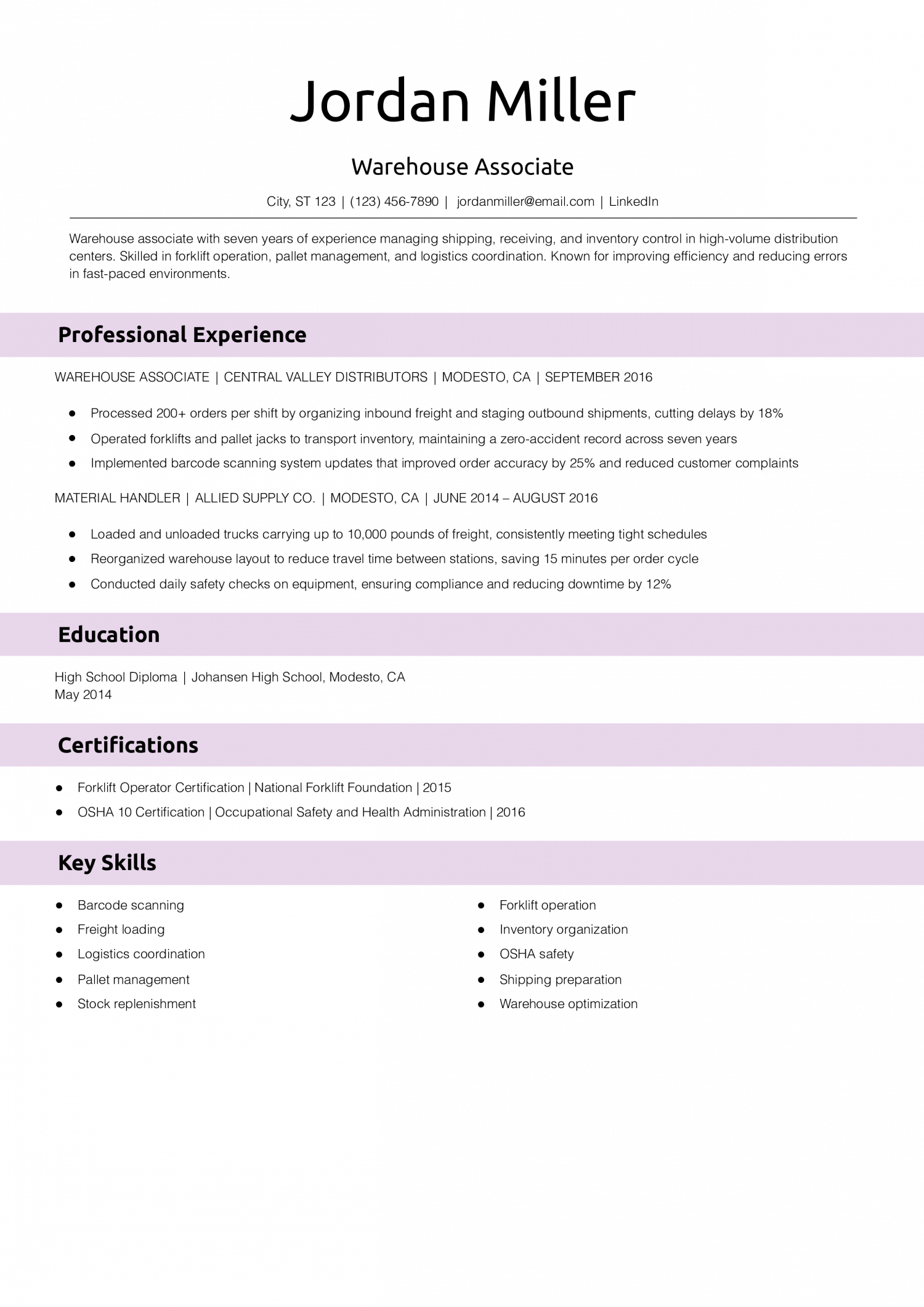  Warehouse Associate Resume Example