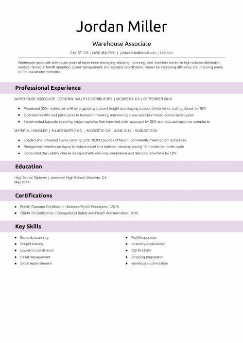  Warehouse Associate Resume Example