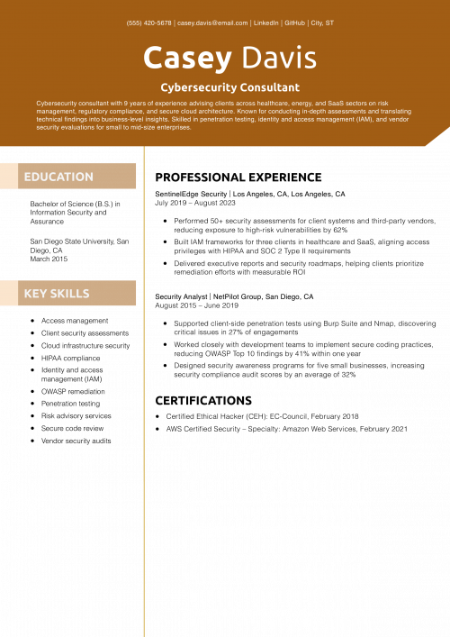 Cybersecurity Consultant Resume Example