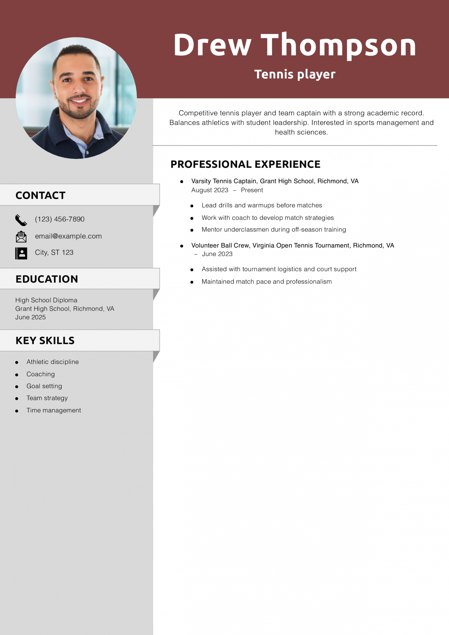 Tennis player resume example