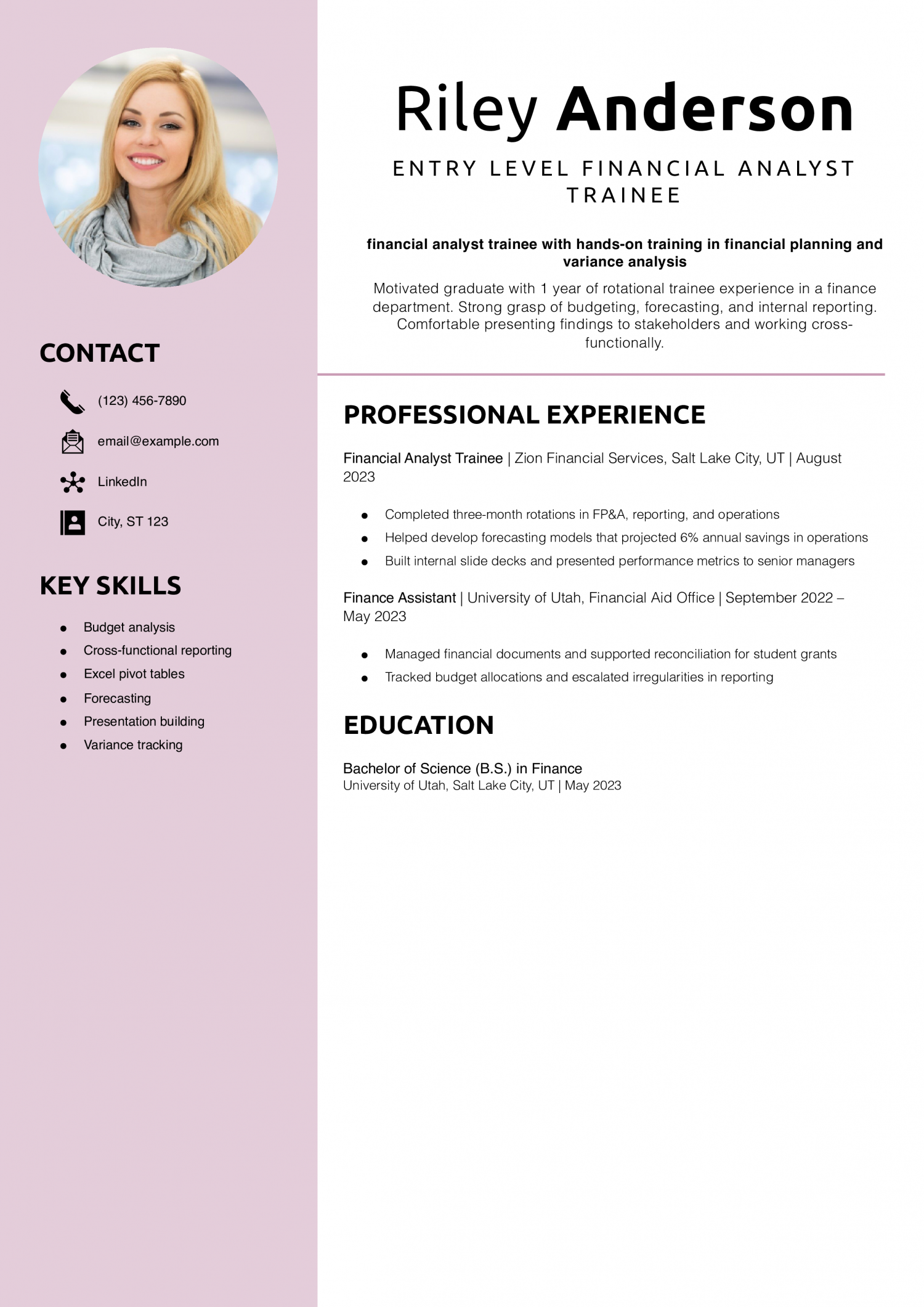 Entry Level Financial Analyst Trainee Resume Example