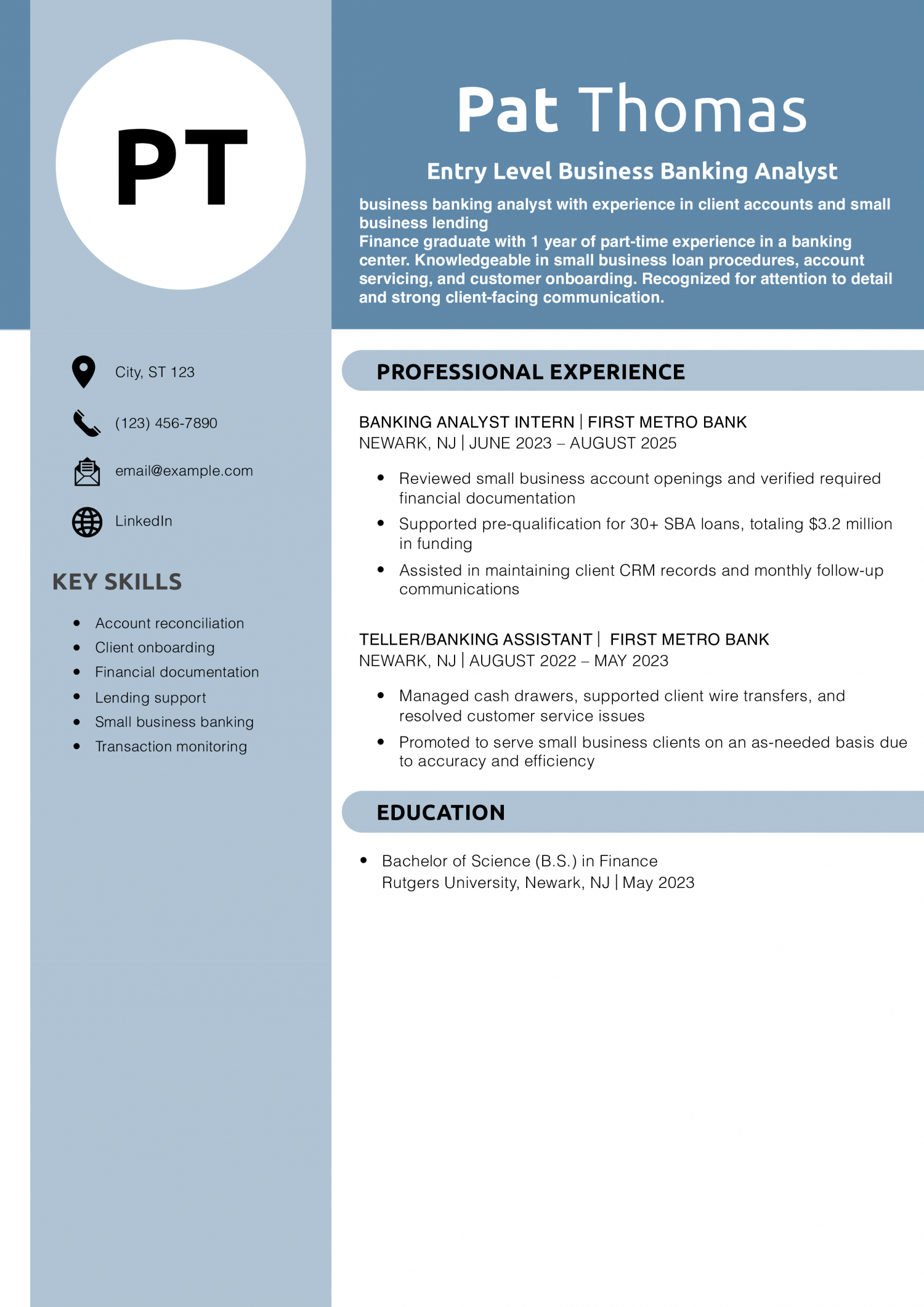  Entry Level Business Banking Analyst Resume Example