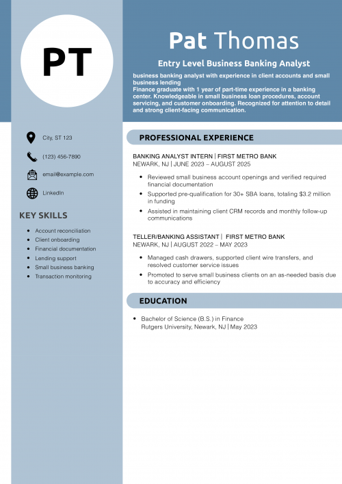  Entry Level Business Banking Analyst Resume Example