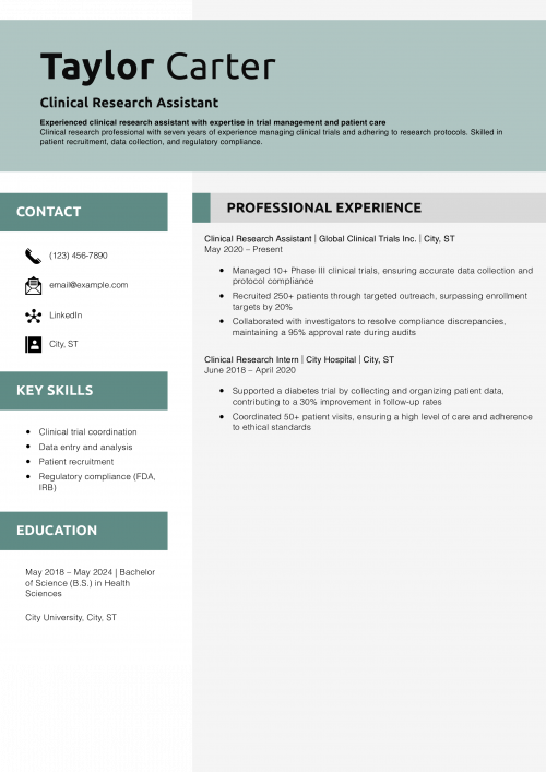 Clinical Research Assistant Resume