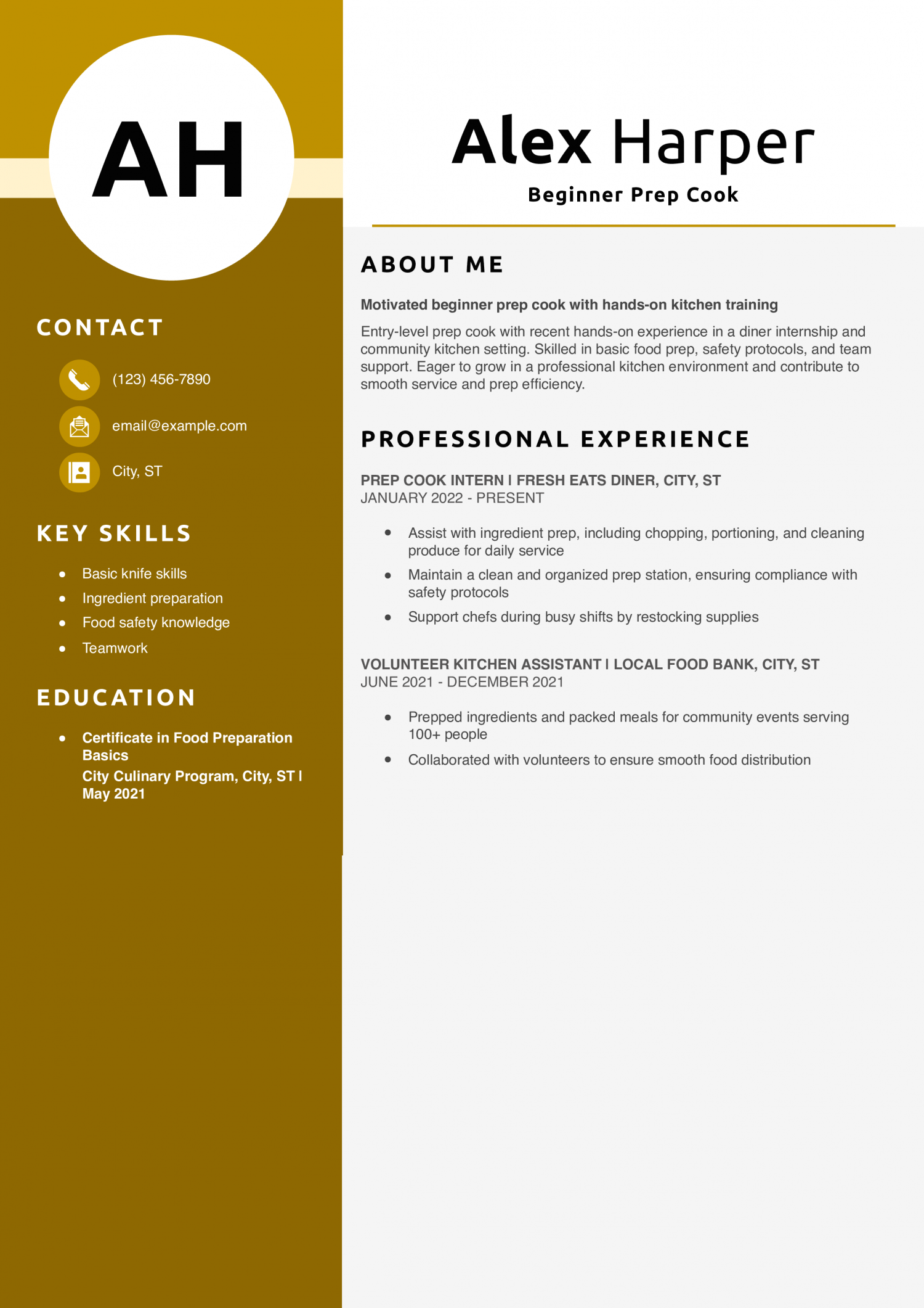 Beginner Prep Cook Resume