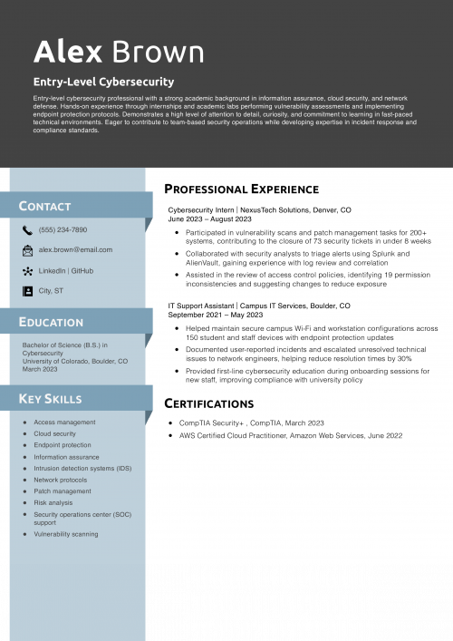 Entry-Level Cybersecurity Resume Example