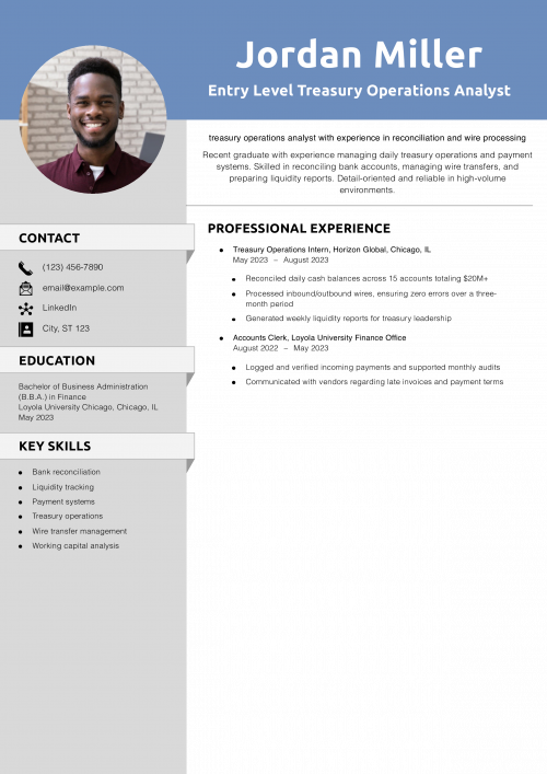 Entry Level Treasury Operations Analyst Resume Example