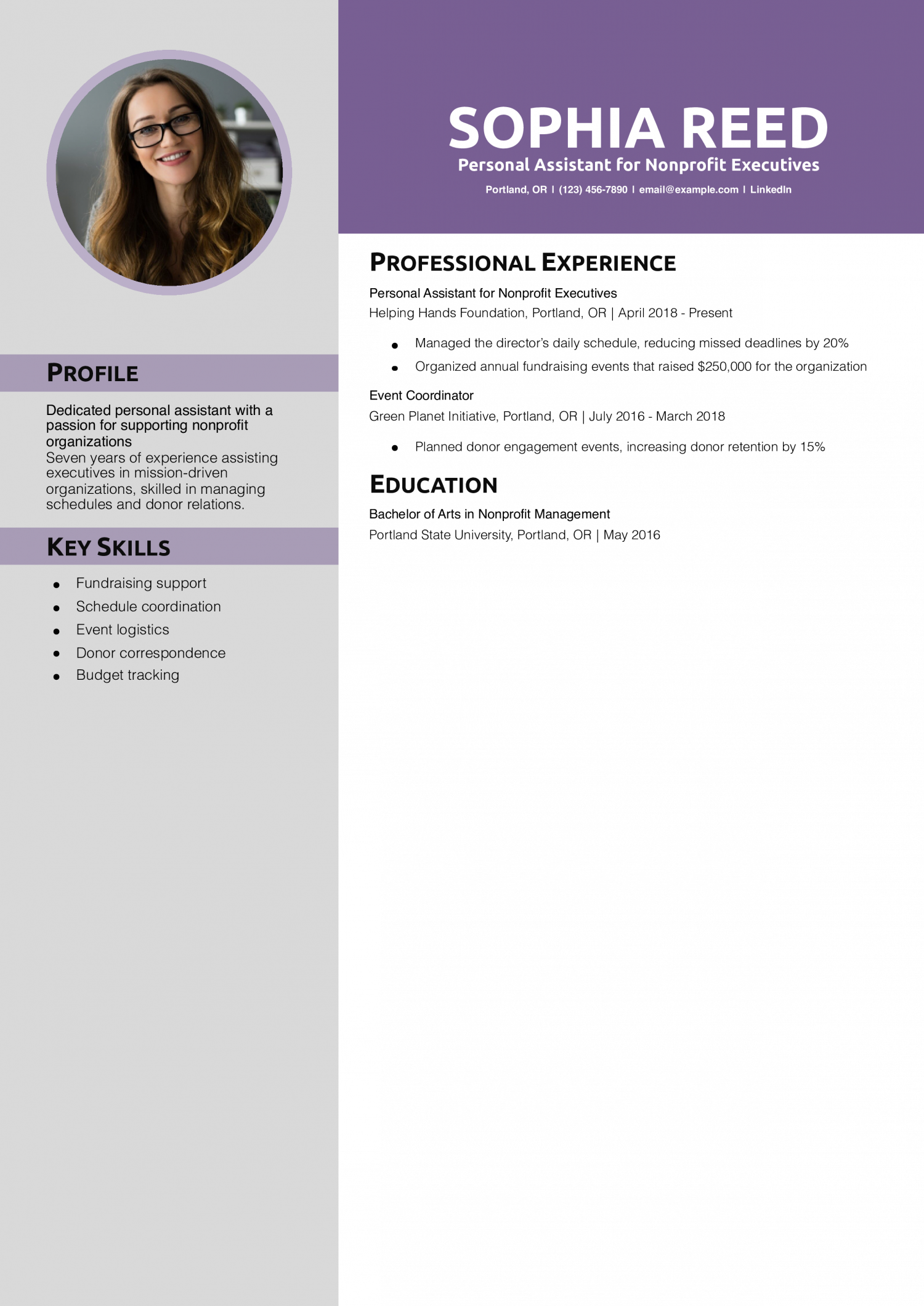 Personal Assistant for Nonprofit Executives Resume