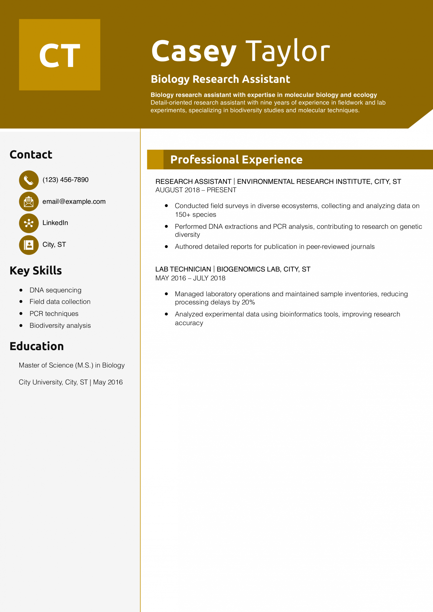 Biology Research Assistant Resume