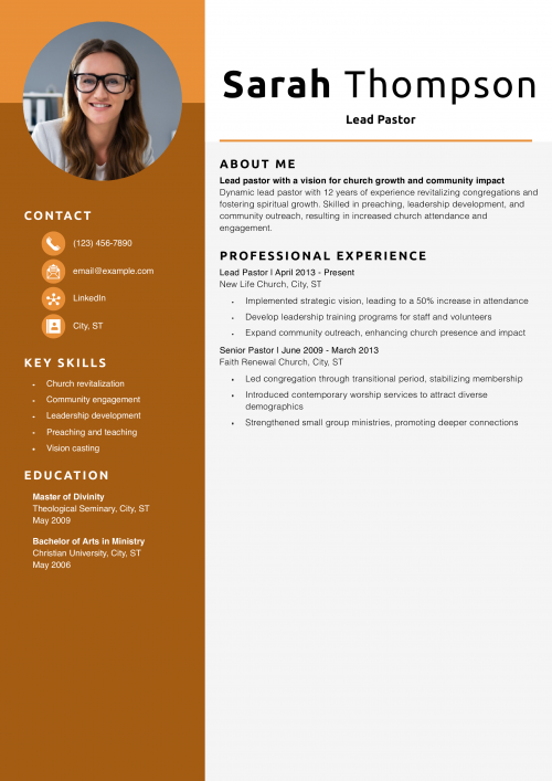 Lead Pastor Resume Example