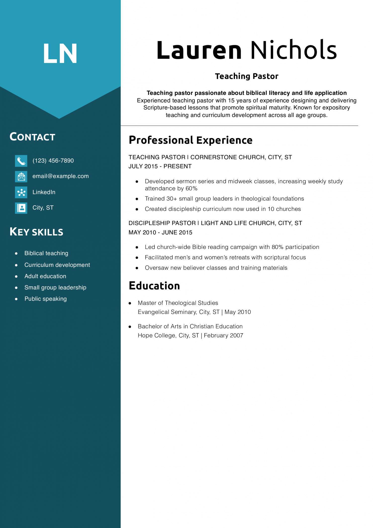 Teaching Pastor Resume Example