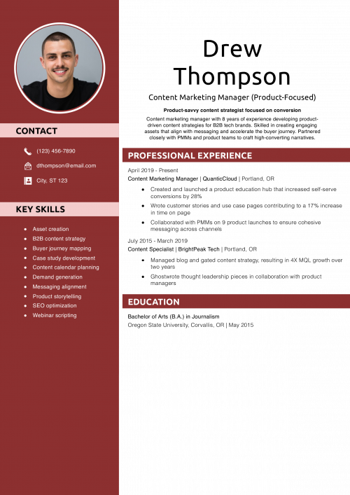 Content Marketing Manager (Product-Focused) Resume Example