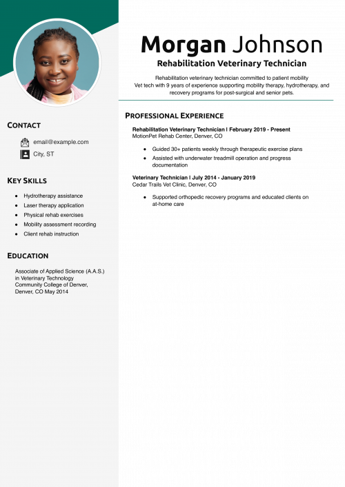 Rehabilitation Veterinary Technician Resume