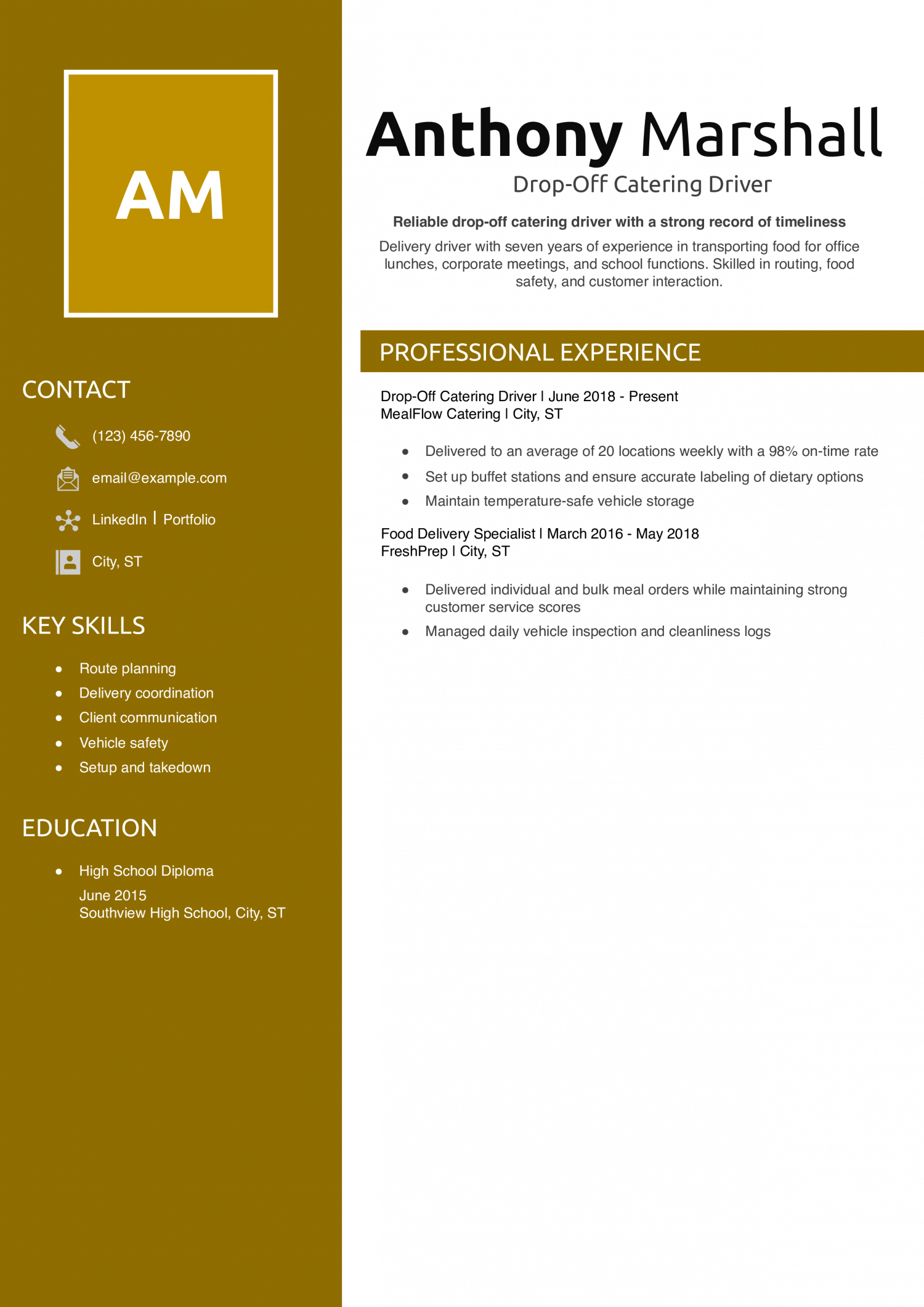 Drop-Off Catering Driver Resume Example