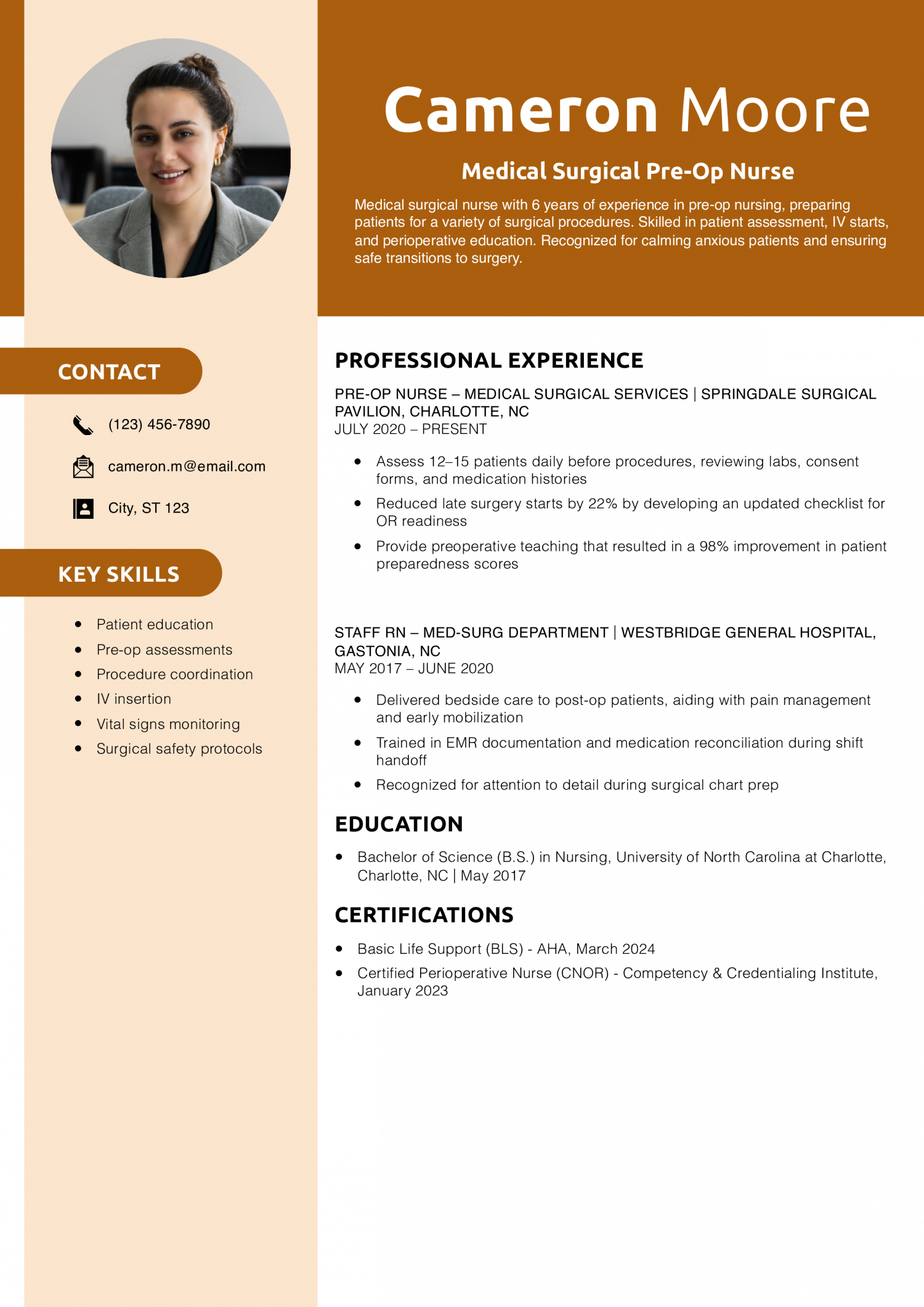 Medical Surgical Pre-Op Nurse Resume Example