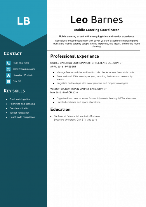 Mobile Catering Coordinator Resume Example