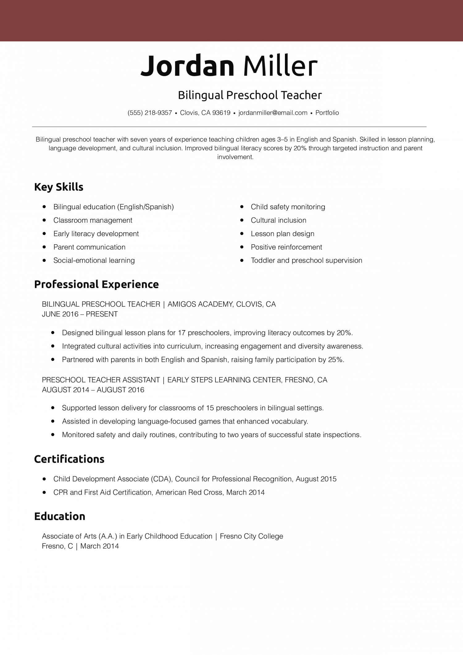 Bilingual Preschool Teacher Resume