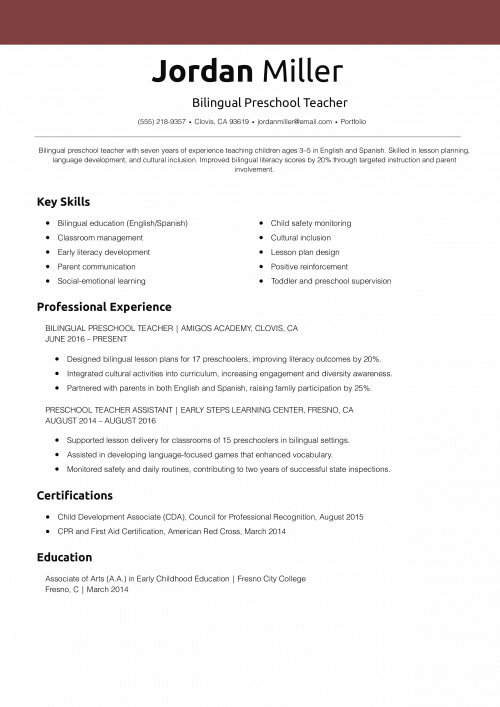 Bilingual Preschool Teacher Resume