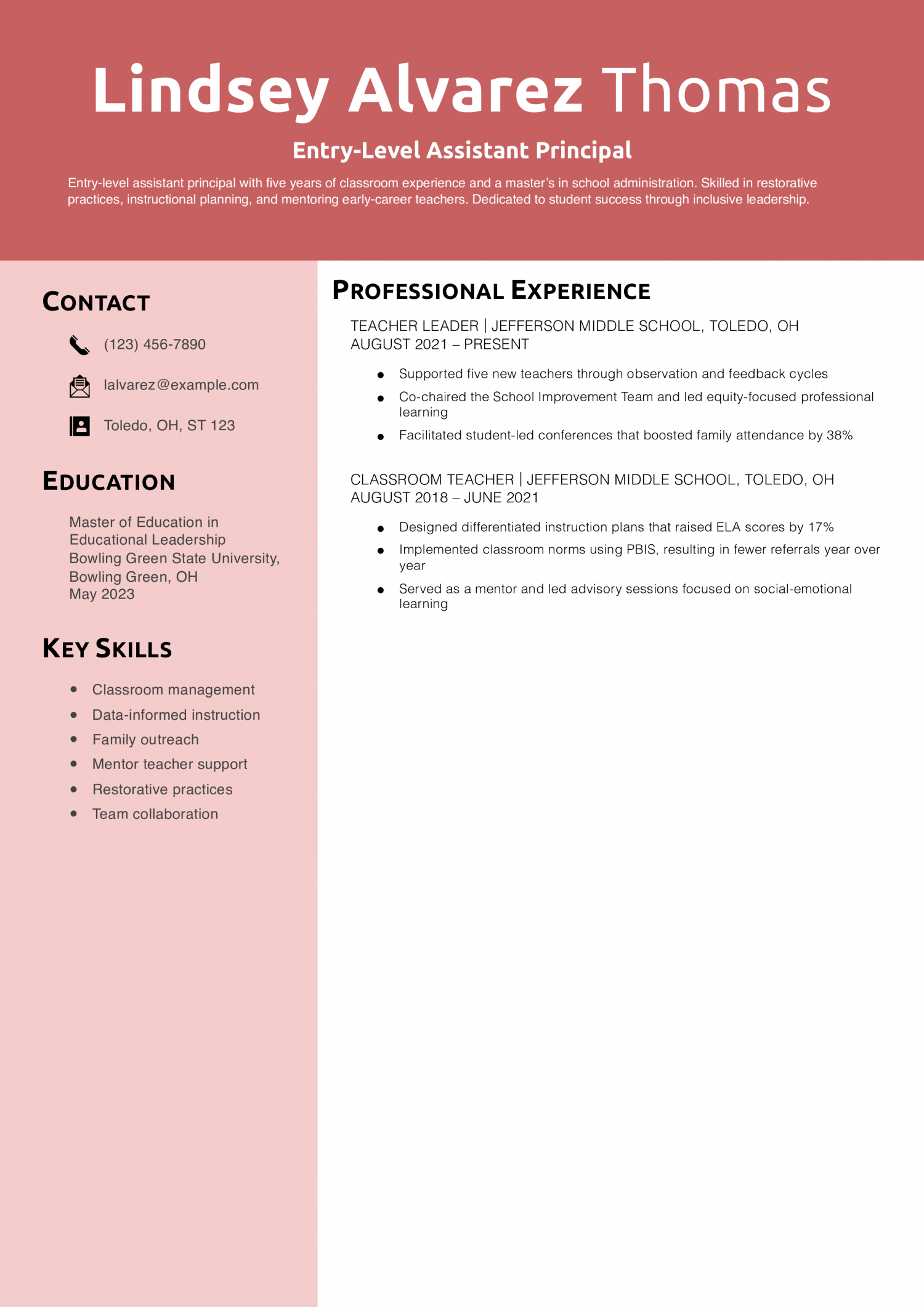  Entry-Level Assistant Principal Resume Example