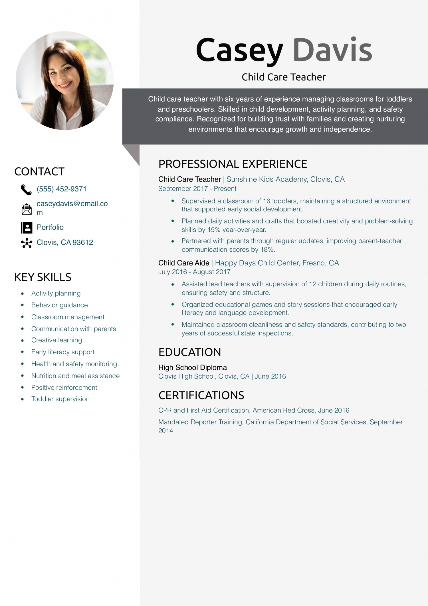 Child Care Teacher Resume