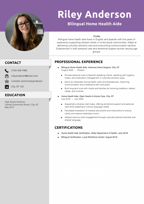 Bilingual Home Health Aide  Resume  Example