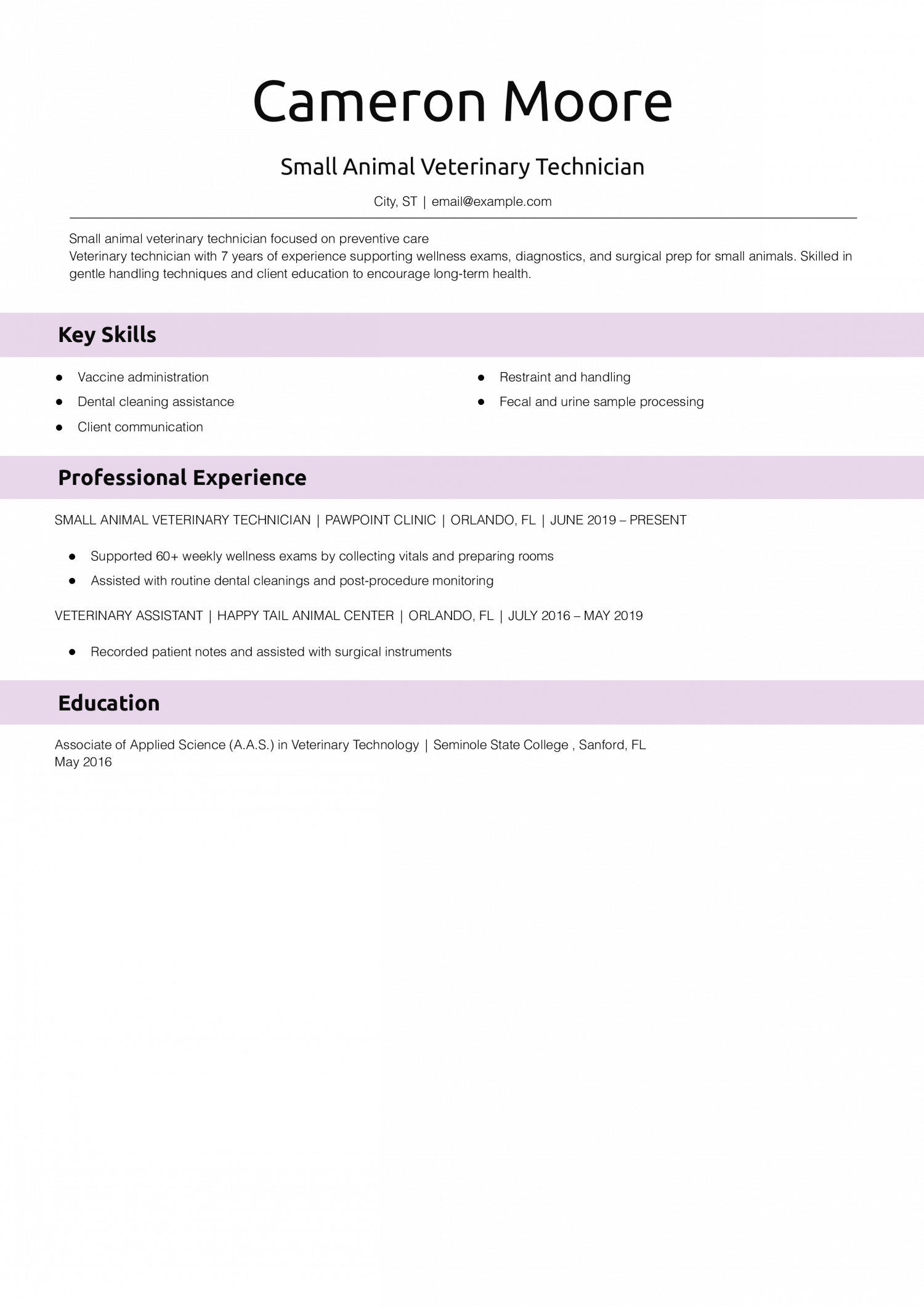 Small Animal Veterinary Technician Resume