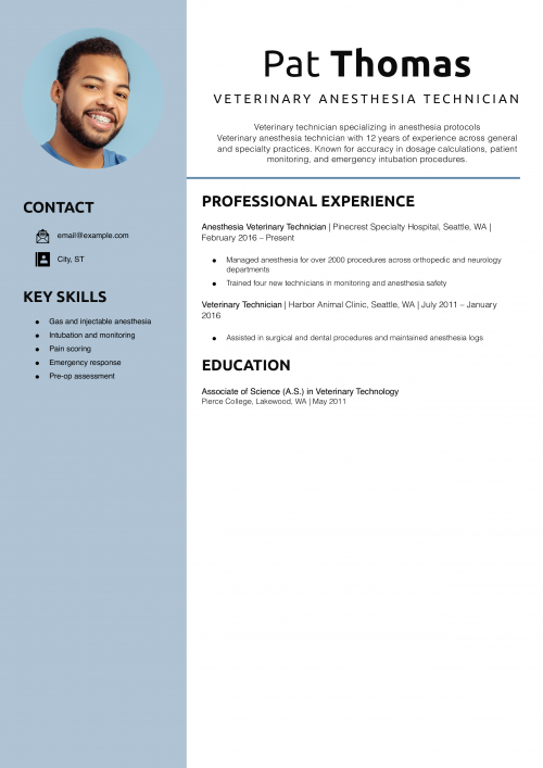 Veterinary Anesthesia Technician Resume