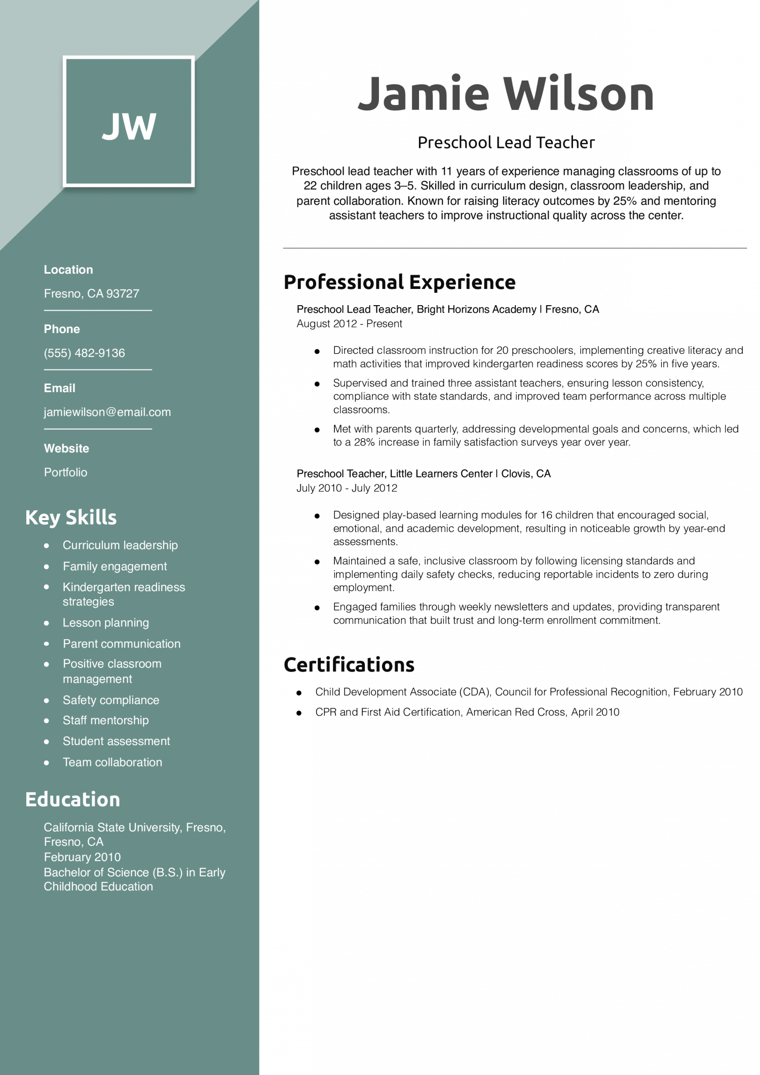 Preschool Lead Teacher Resume