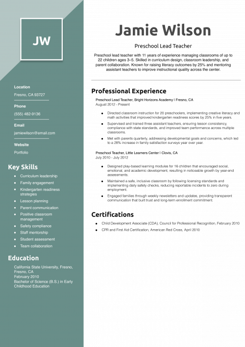Preschool Lead Teacher Resume