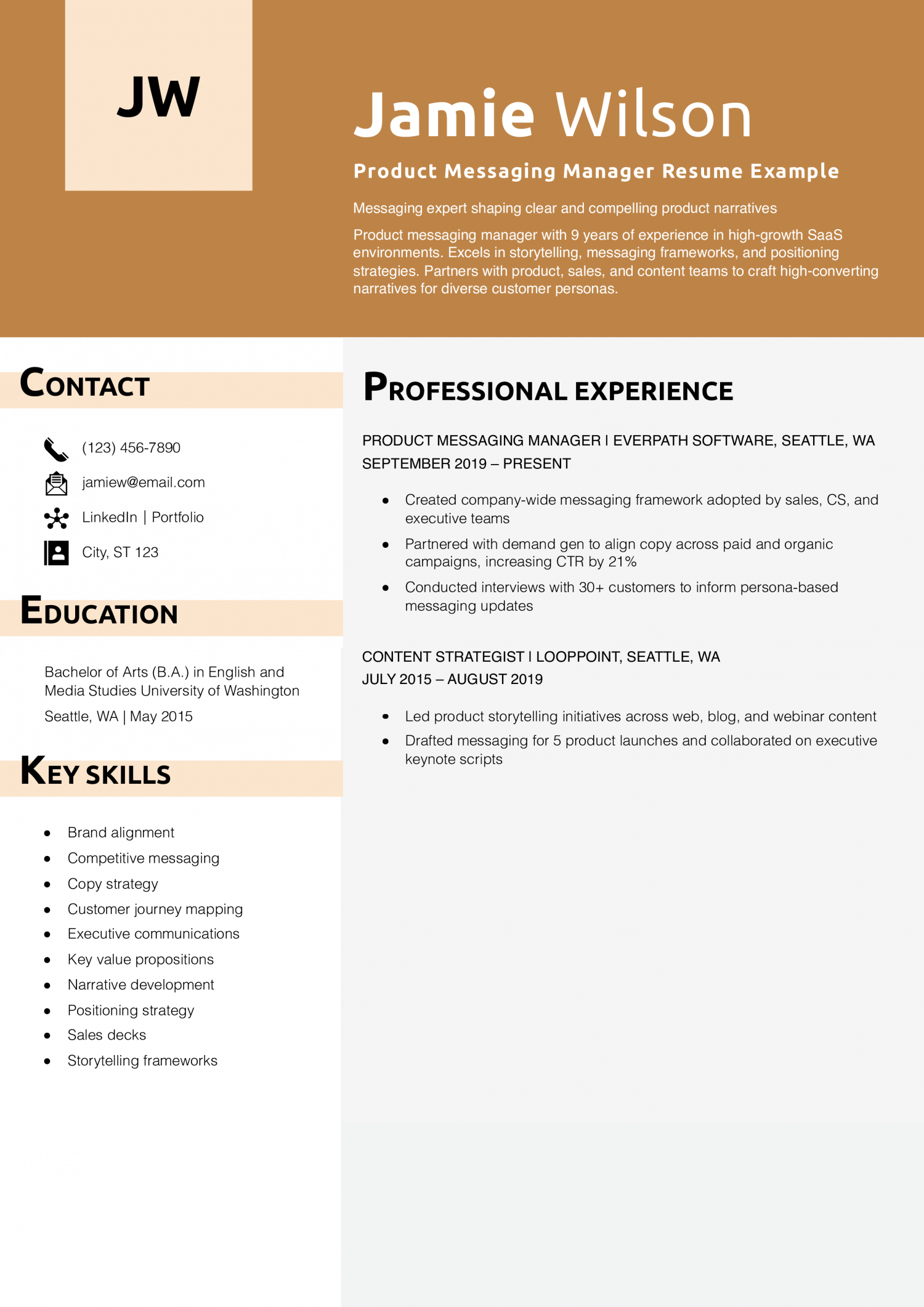 Product Messaging Manager Resume Example