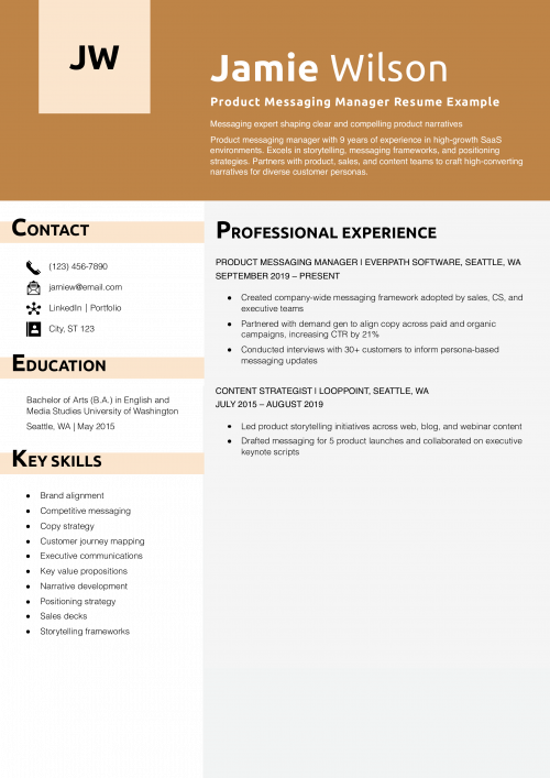 Product Messaging Manager Resume Example