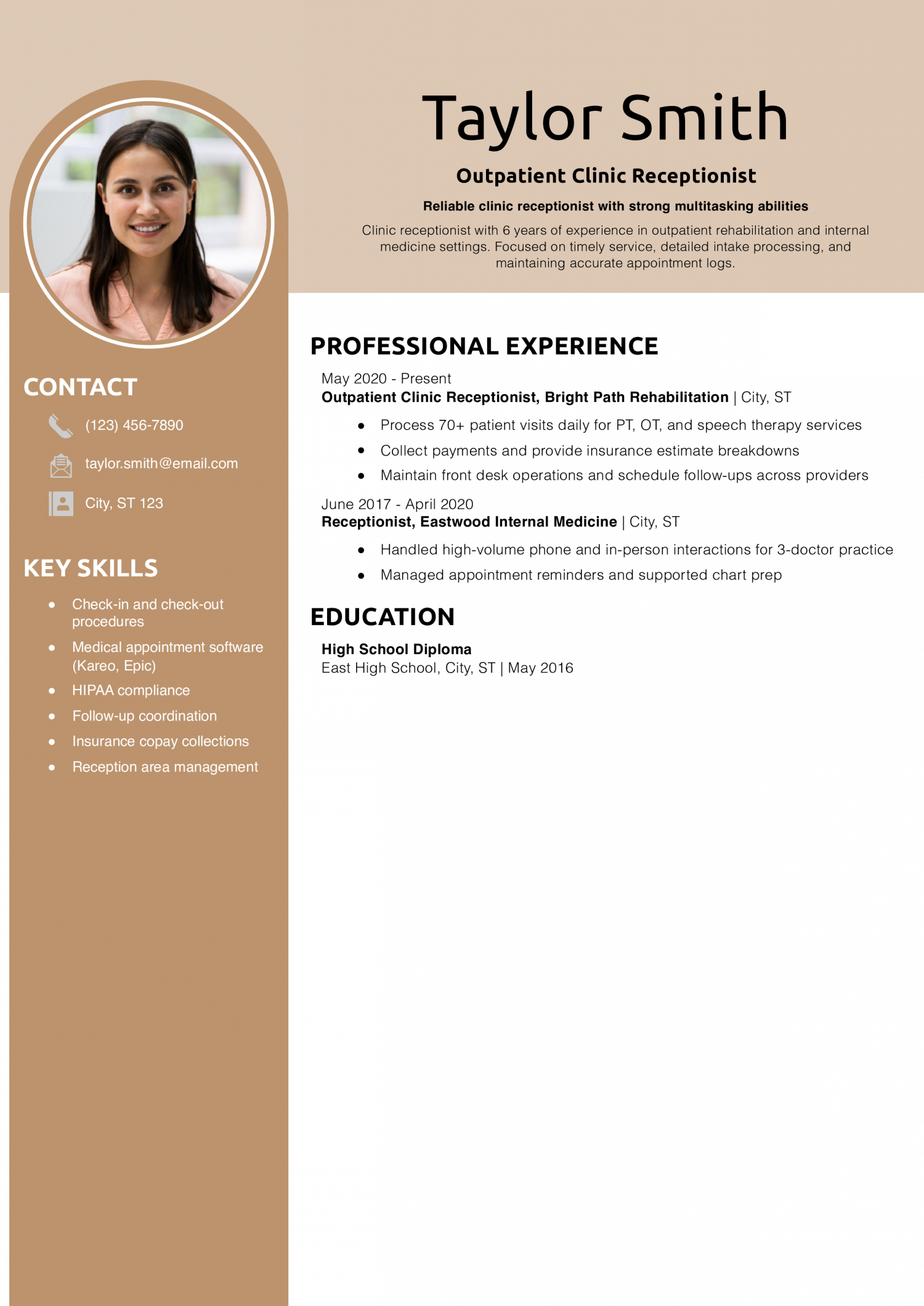 Outpatient Clinic Receptionist Resume Example