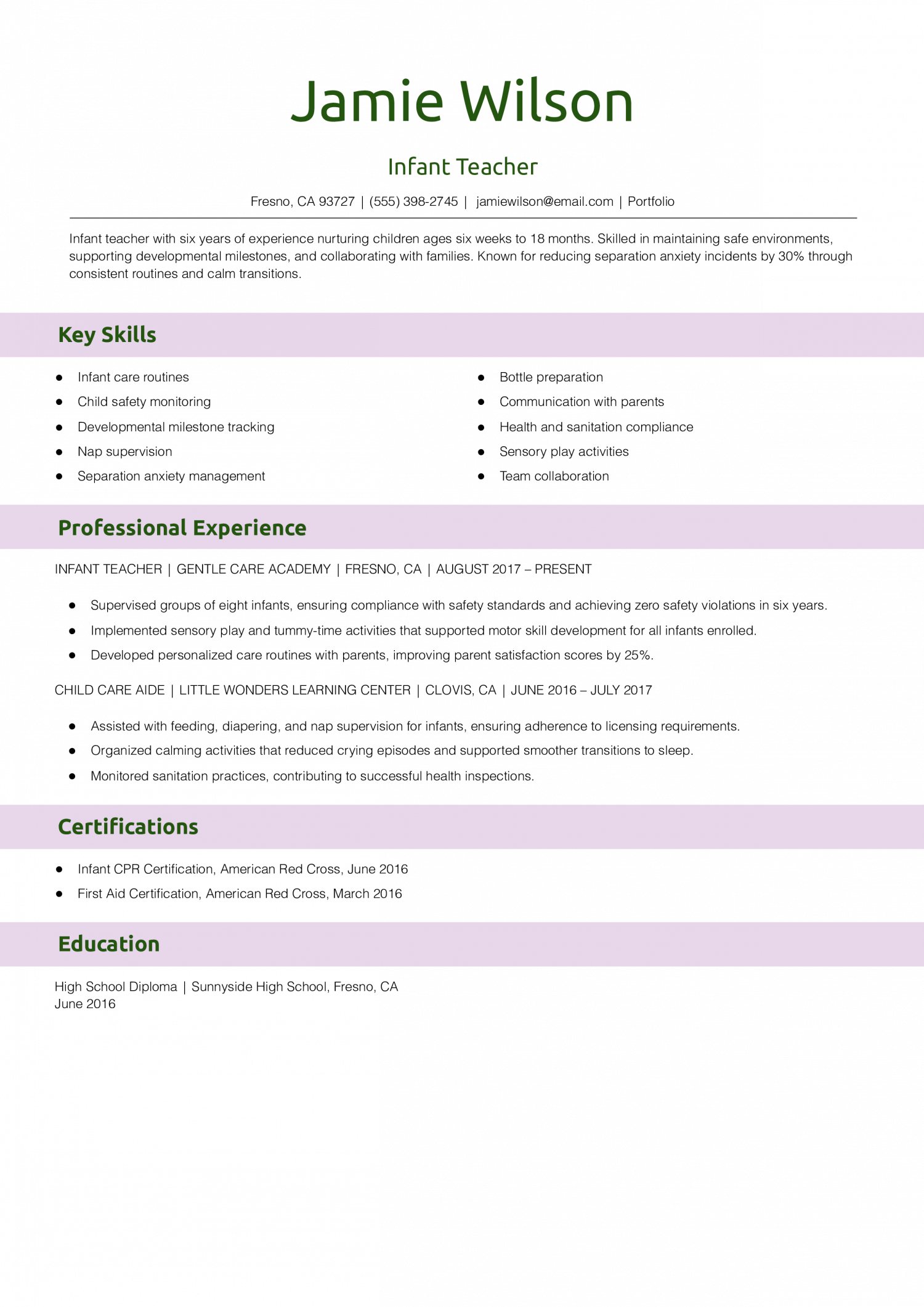 Infant Teacher Resume