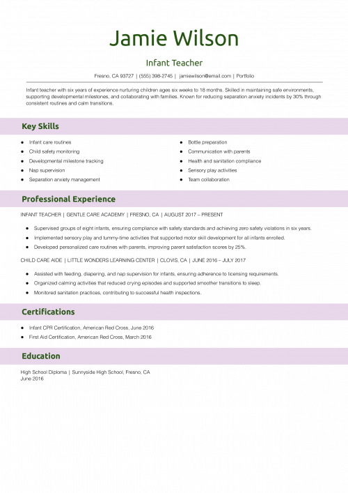 Infant Teacher Resume