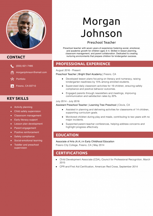 Preschool Teacher Resume