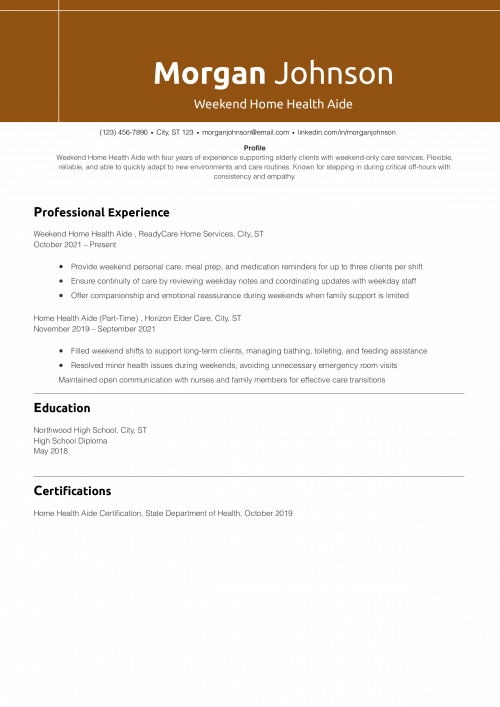 Weekend Home Health Aide  Resume Example