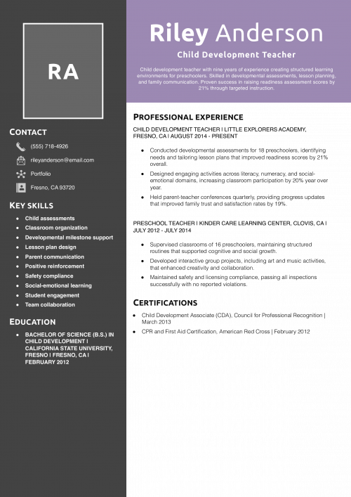 Child Development Teacher Resume