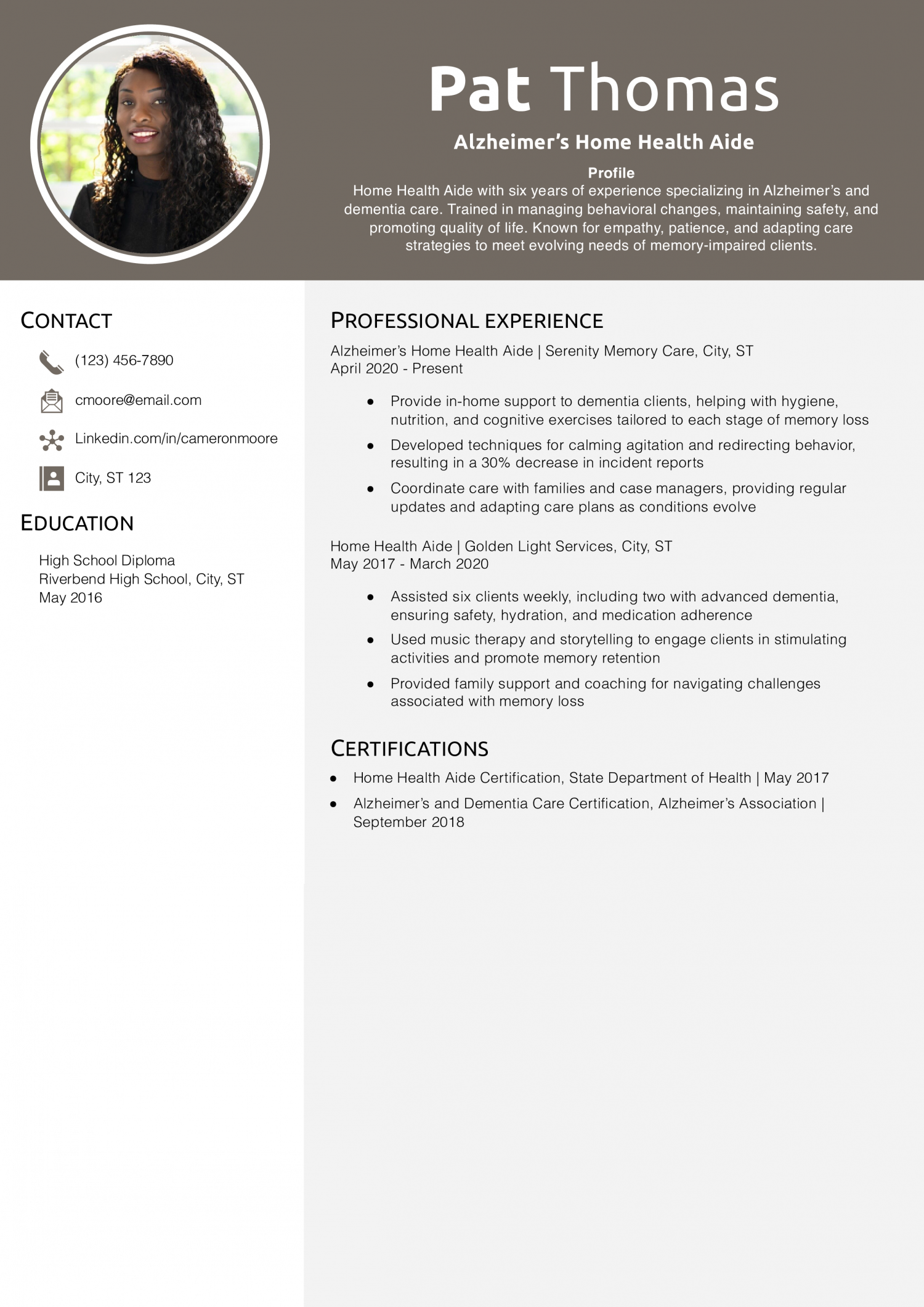 Alzheimer’s Home Health Aide  Resume Example