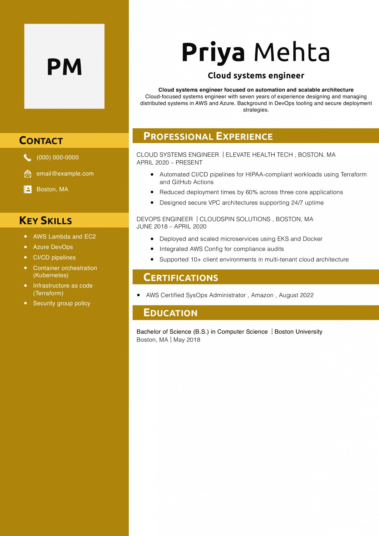 Cloud systems engineer resume 